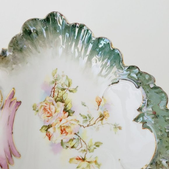 Vintage Victorian Dual Serving Centerpiece Bowl Yellow Rose Green Edge Gold Trim - Picture 3 of 16